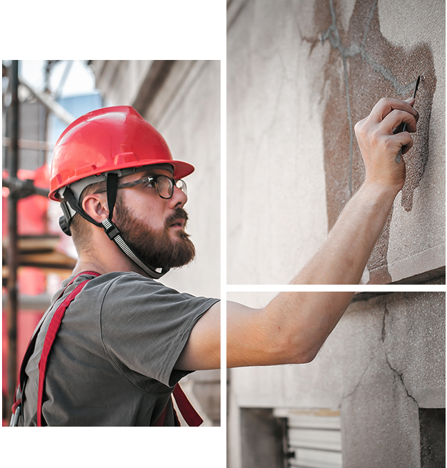 Mask-group-1.png copy A man in red hard hat and goggles working on a wall.