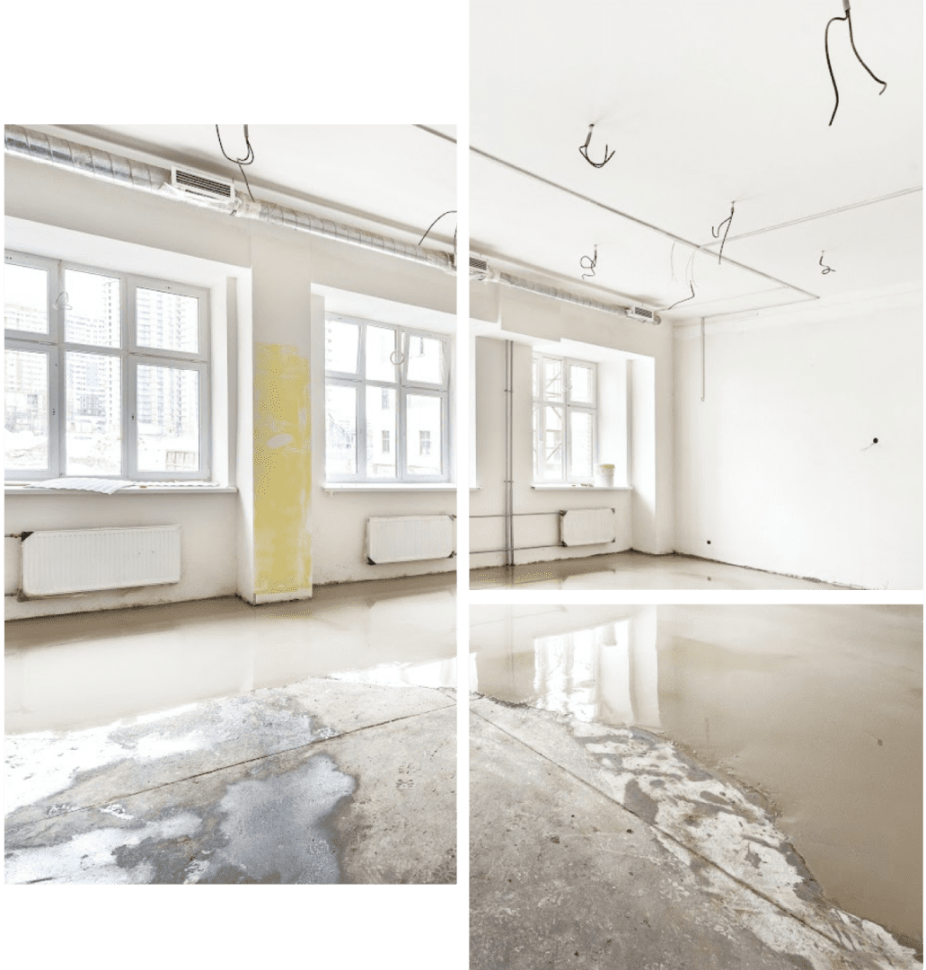 Empty room with wet concrete floor.