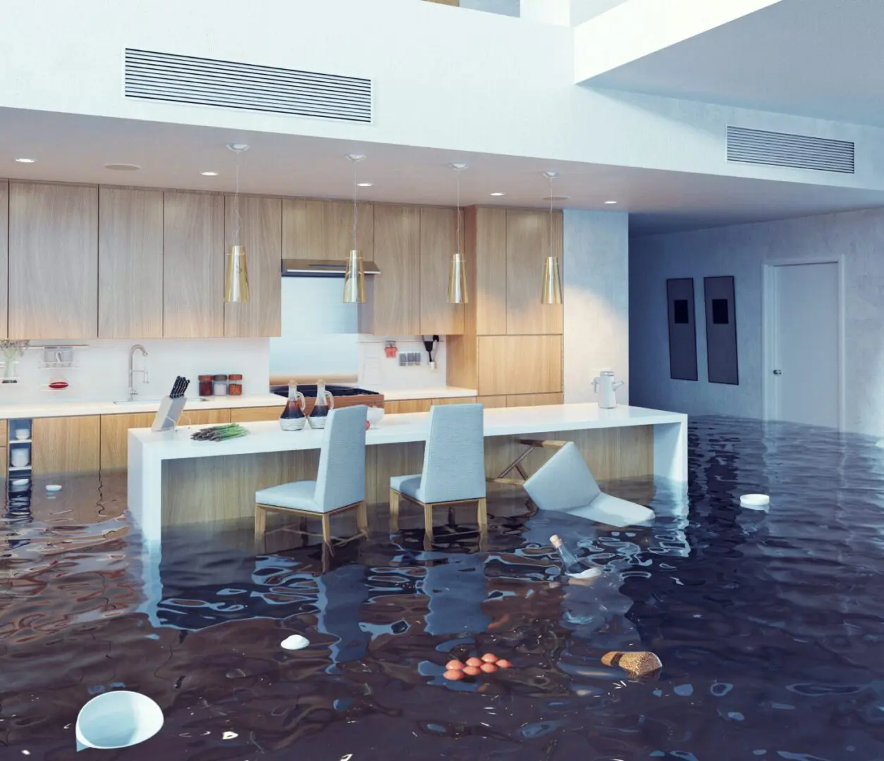 Flooded modern kitchen with floating furniture.