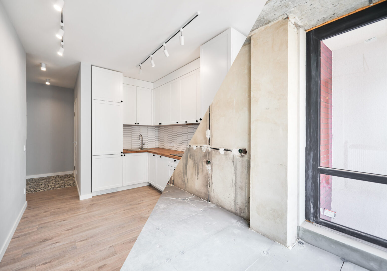 Comparison of kitchen room before and after renovation. Partial kitchen renovation before and after comparison.