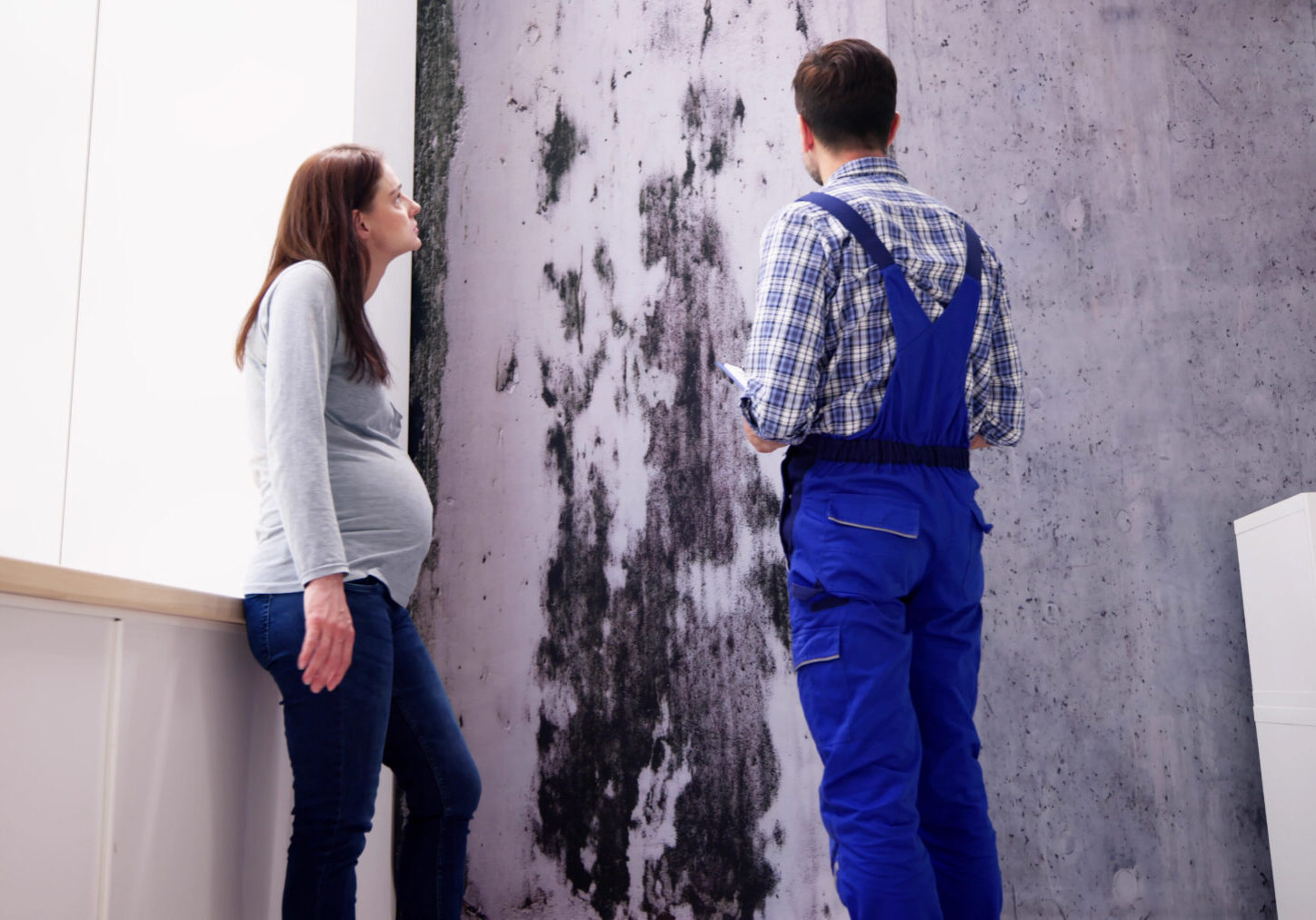 Pregnant woman and worker inspecting moldy wall.