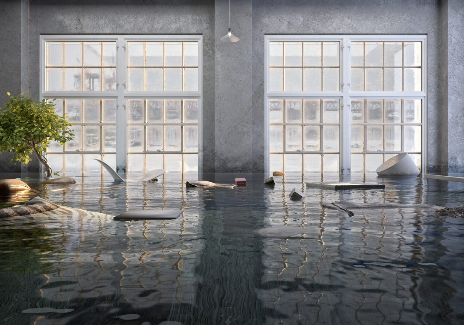 Flooded room with large windows and debris.